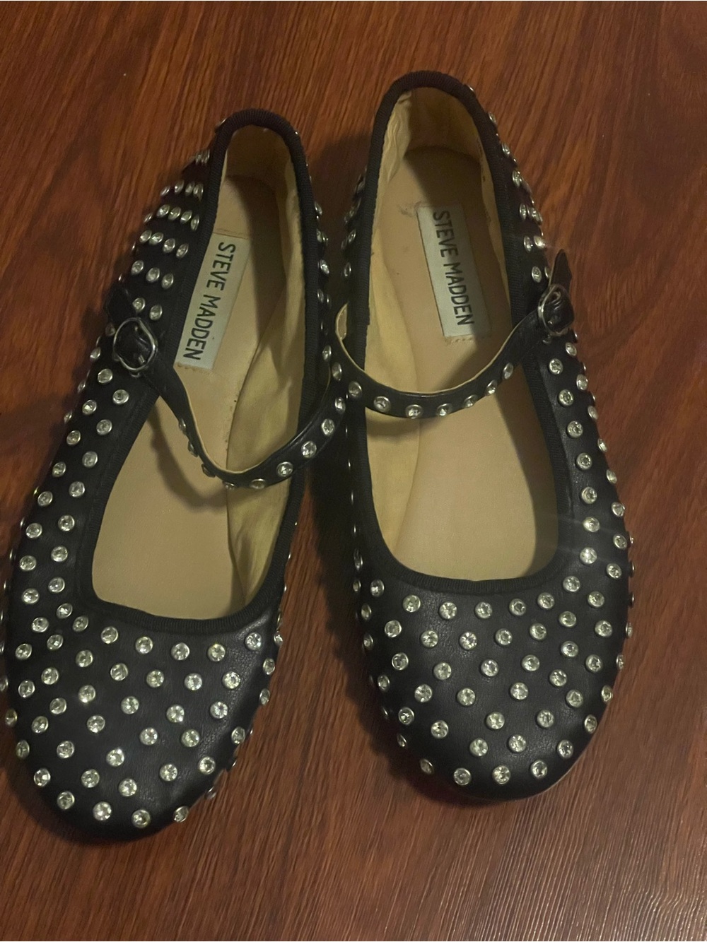 Steve Madden Black Studded Mary Jane Flats with Rhinestones